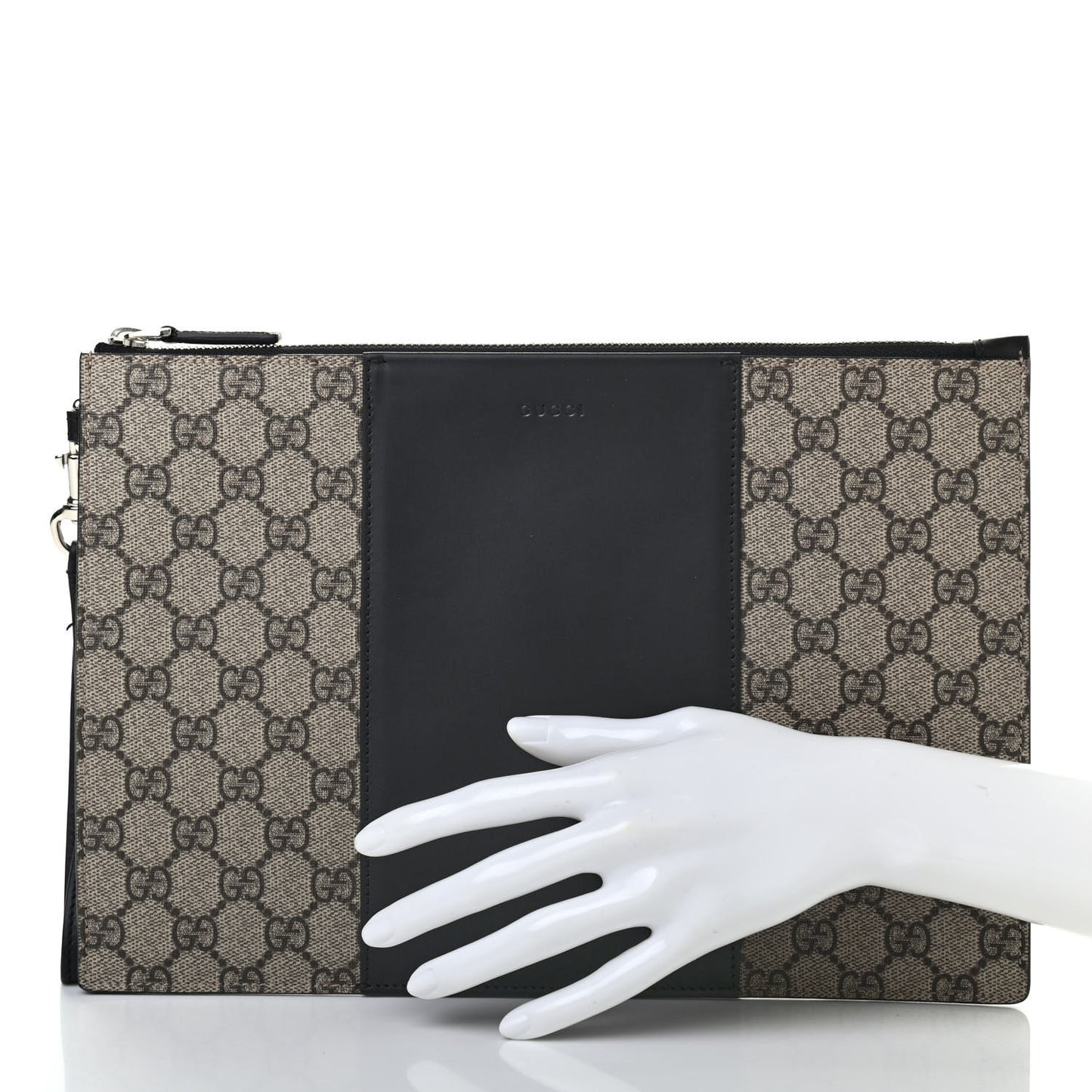 GG Supreme Monogram Zip Wristlet Pouch Beige Black