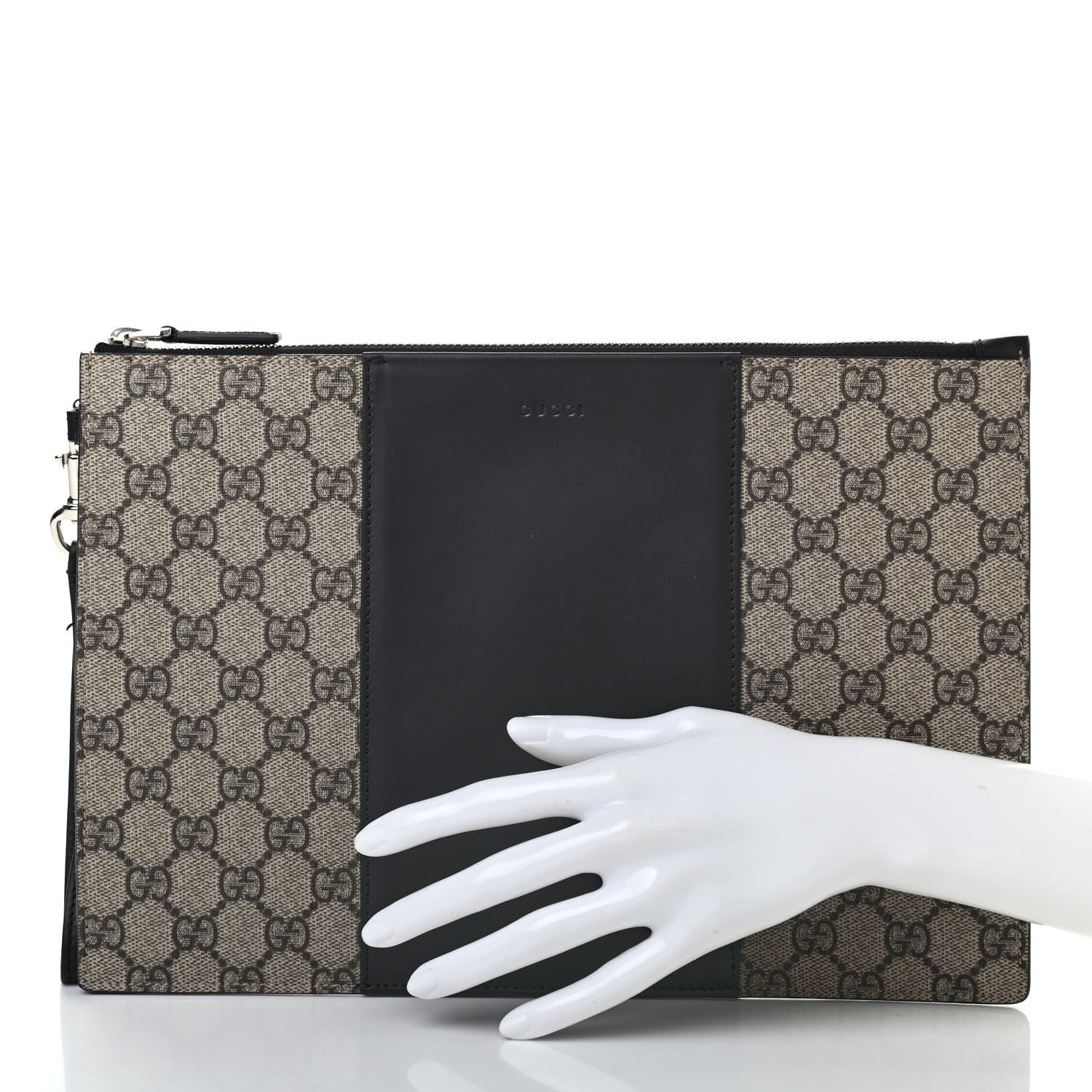 Gucci GG Supreme Monogram Zip Wristlet Pouch Beige Black 2 of 7