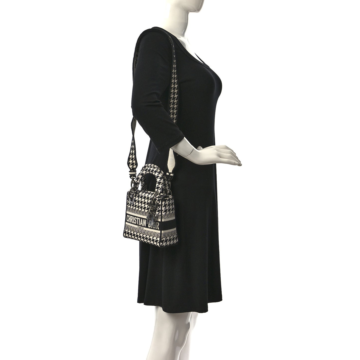 Canvas Houndstooth Embroidered Mini Lady D-Lite Black White
