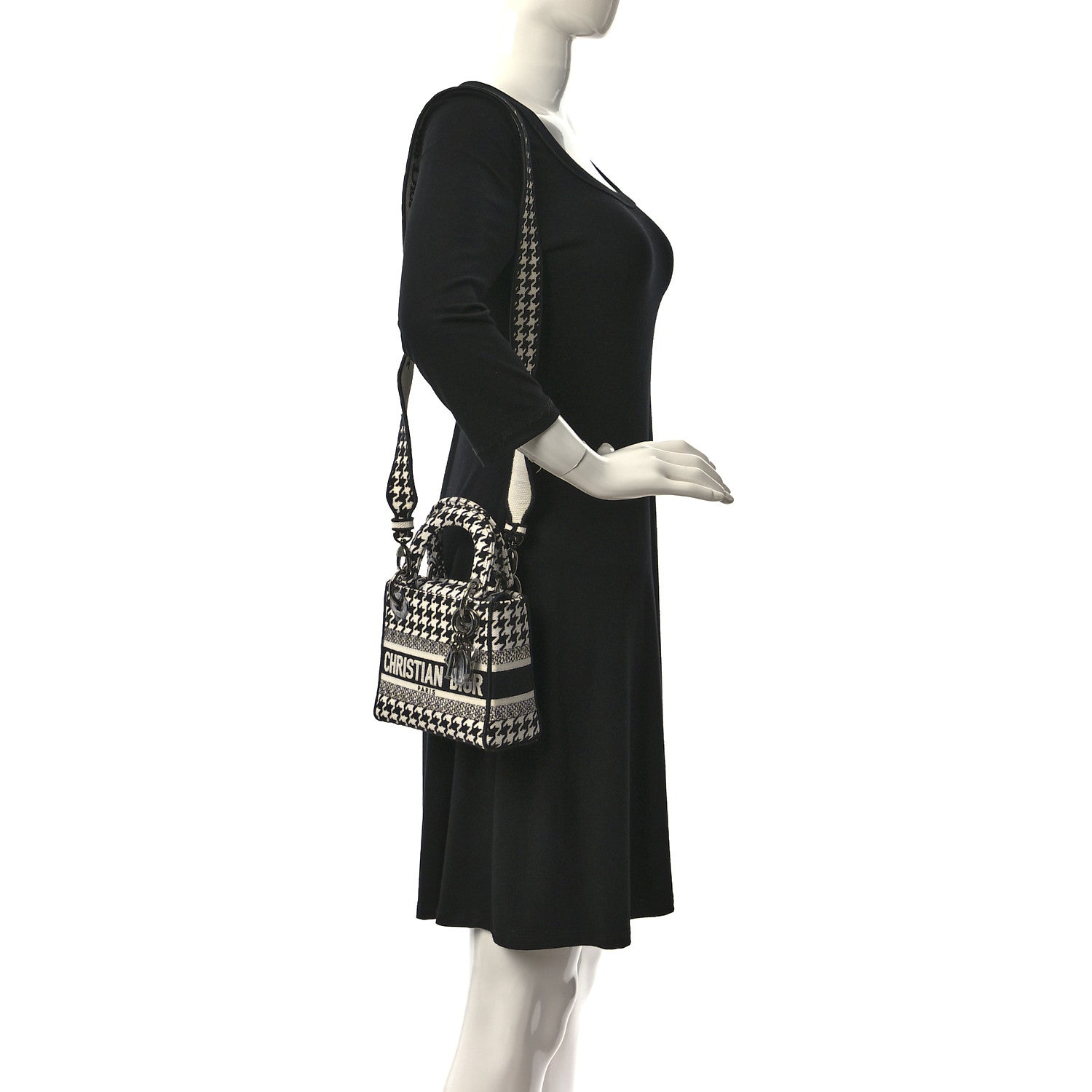 Christian Dior Canvas Houndstooth Embroidered Mini Lady D-Lite Black White 2 of 8