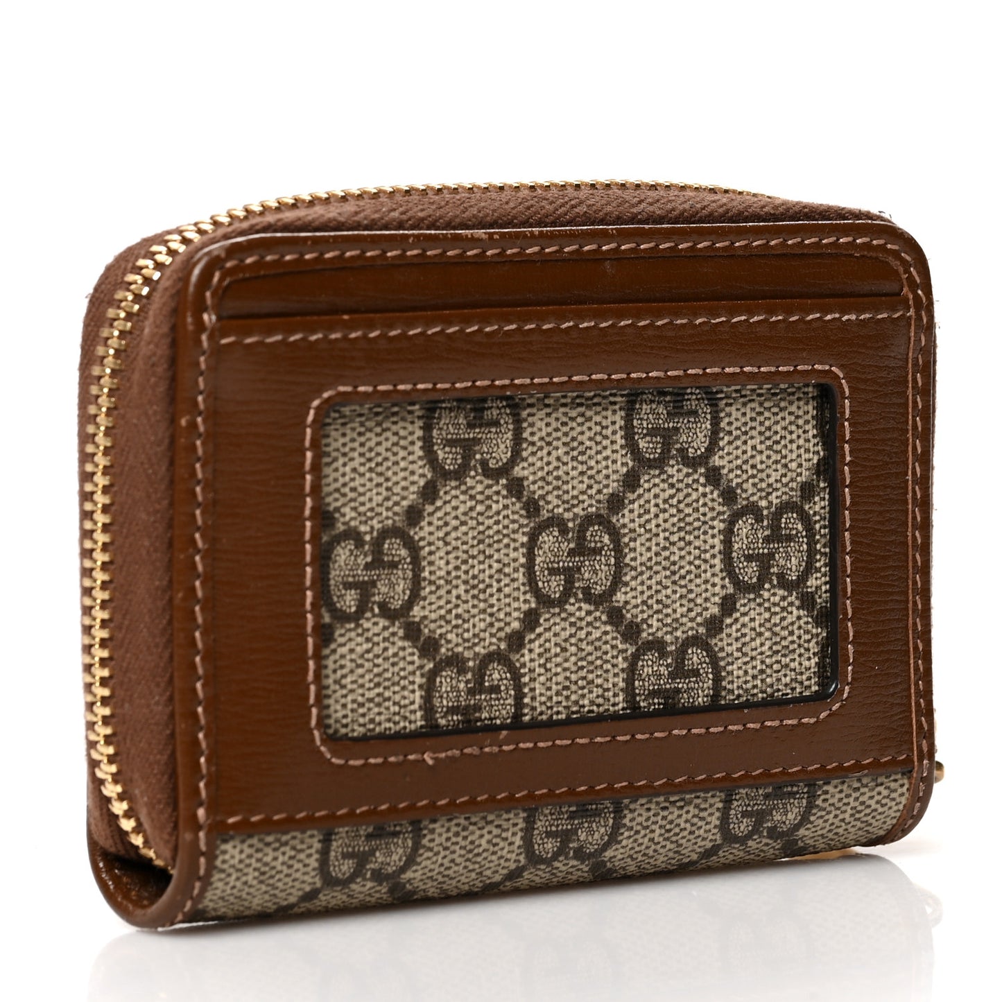 GG Supreme Monogram Azalea Calfskin Horsebit 1955 Zip Around ID Card Case Wallet Beige Ebony Brown Sugar