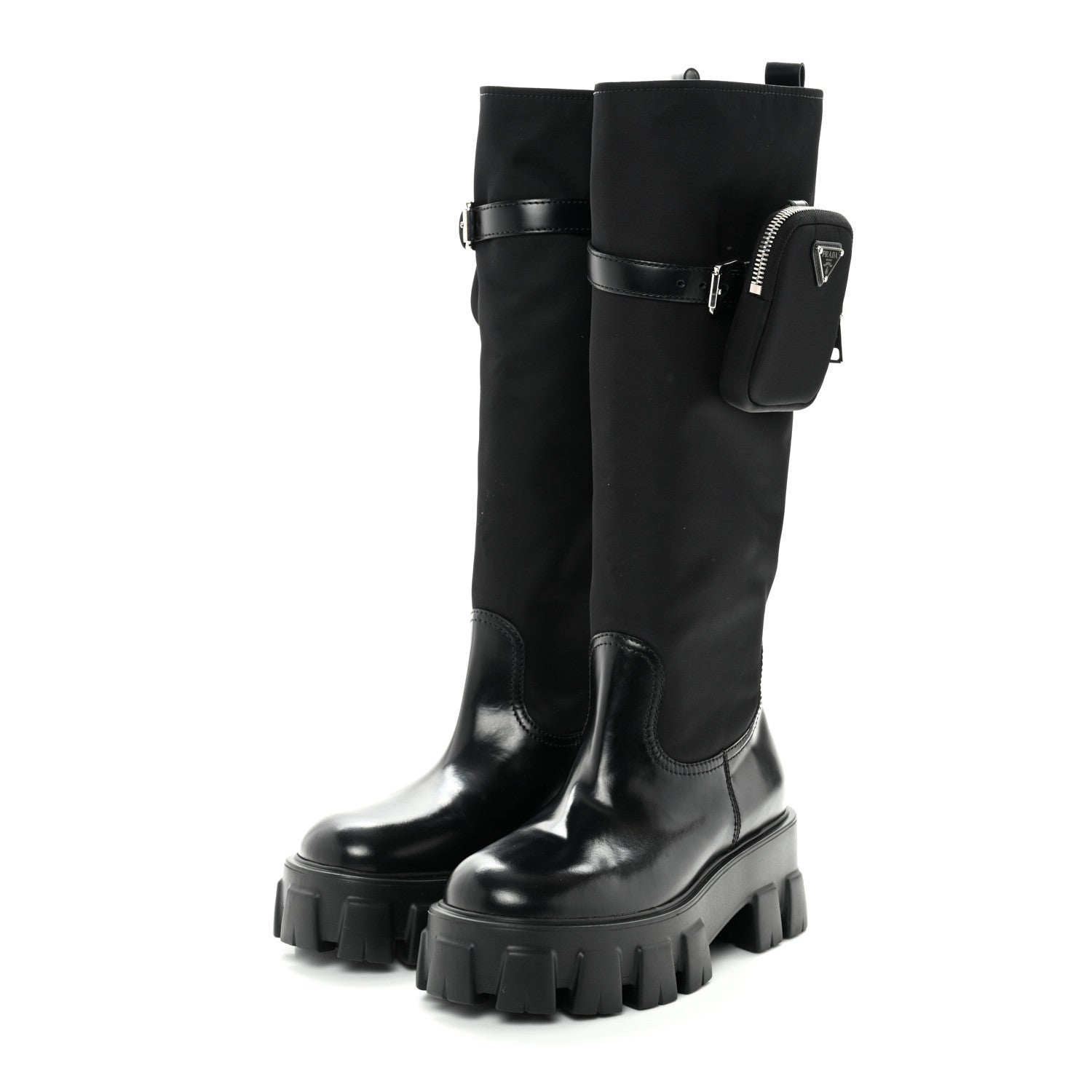 Prada Spazzolato Rois Re-Nylon Metal Triangle Logo Monolith Pouch Pocket 55mm Tall Boots 37 Black 3 of 9