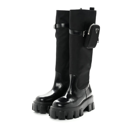 Prada Spazzolato Rois Re-Nylon Metal Triangle Logo Monolith Pouch Pocket 55mm Tall Boots 37 Black 3 of 9