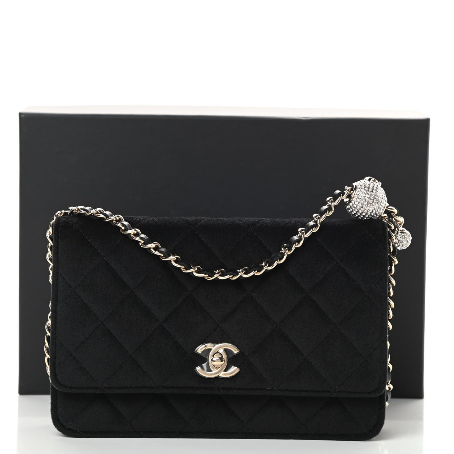 Velvet Quilted Pearl Crush Wallet On Chain WOC Black