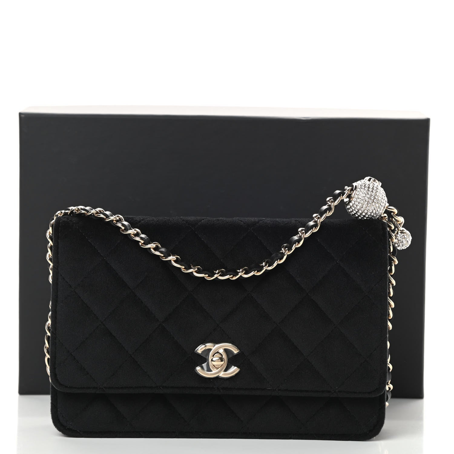 Chanel Velvet Quilted Pearl Crush Wallet On Chain WOC Black 12 of 12