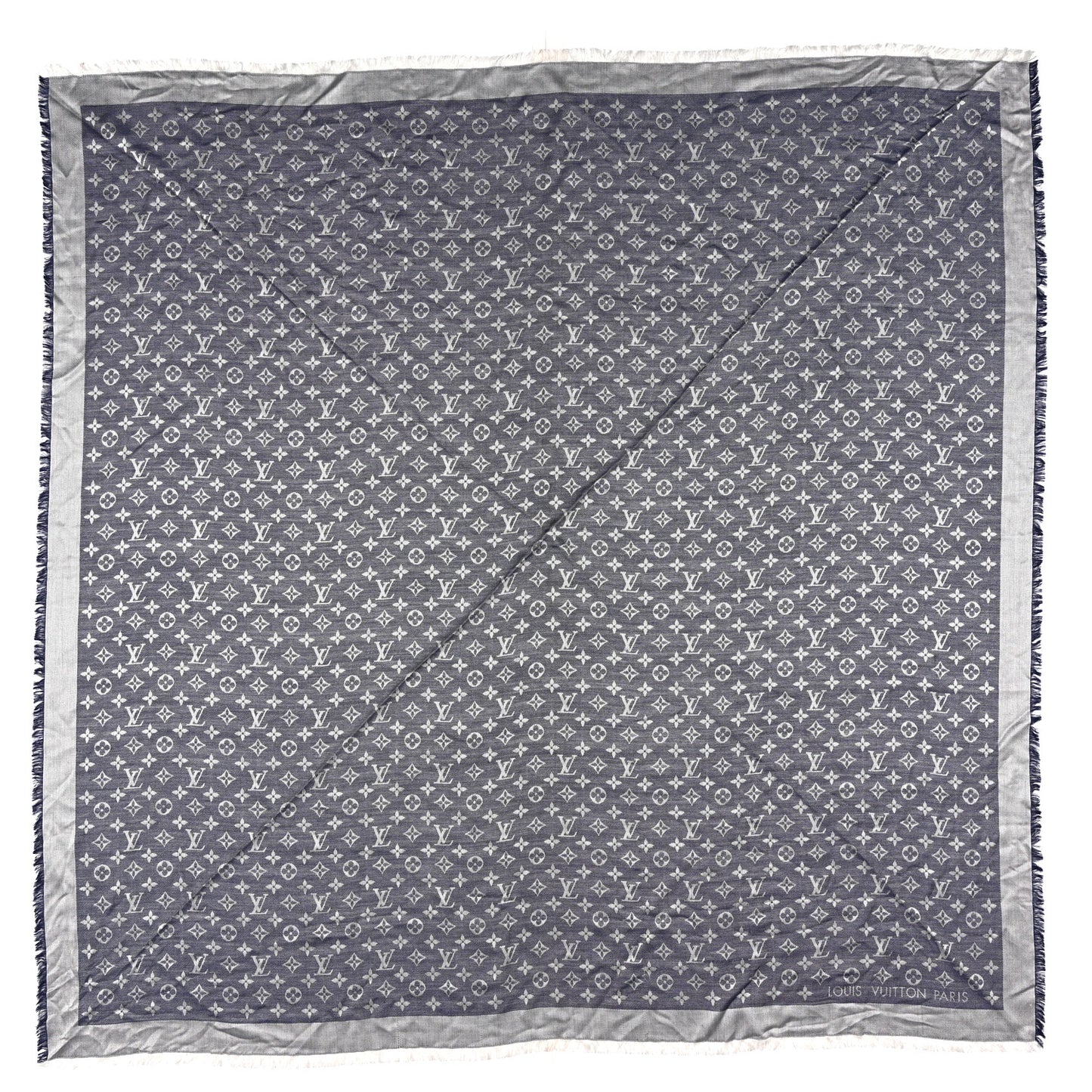 Silk Wool Monogram Denim Shawl  Blue