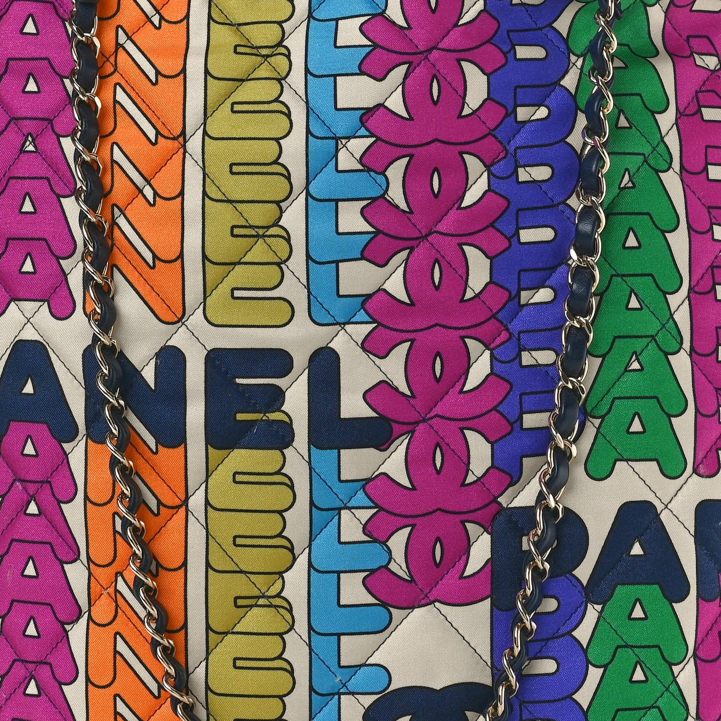 Printed Fabric Quilted Logo Large Shopping Tote Multicolor