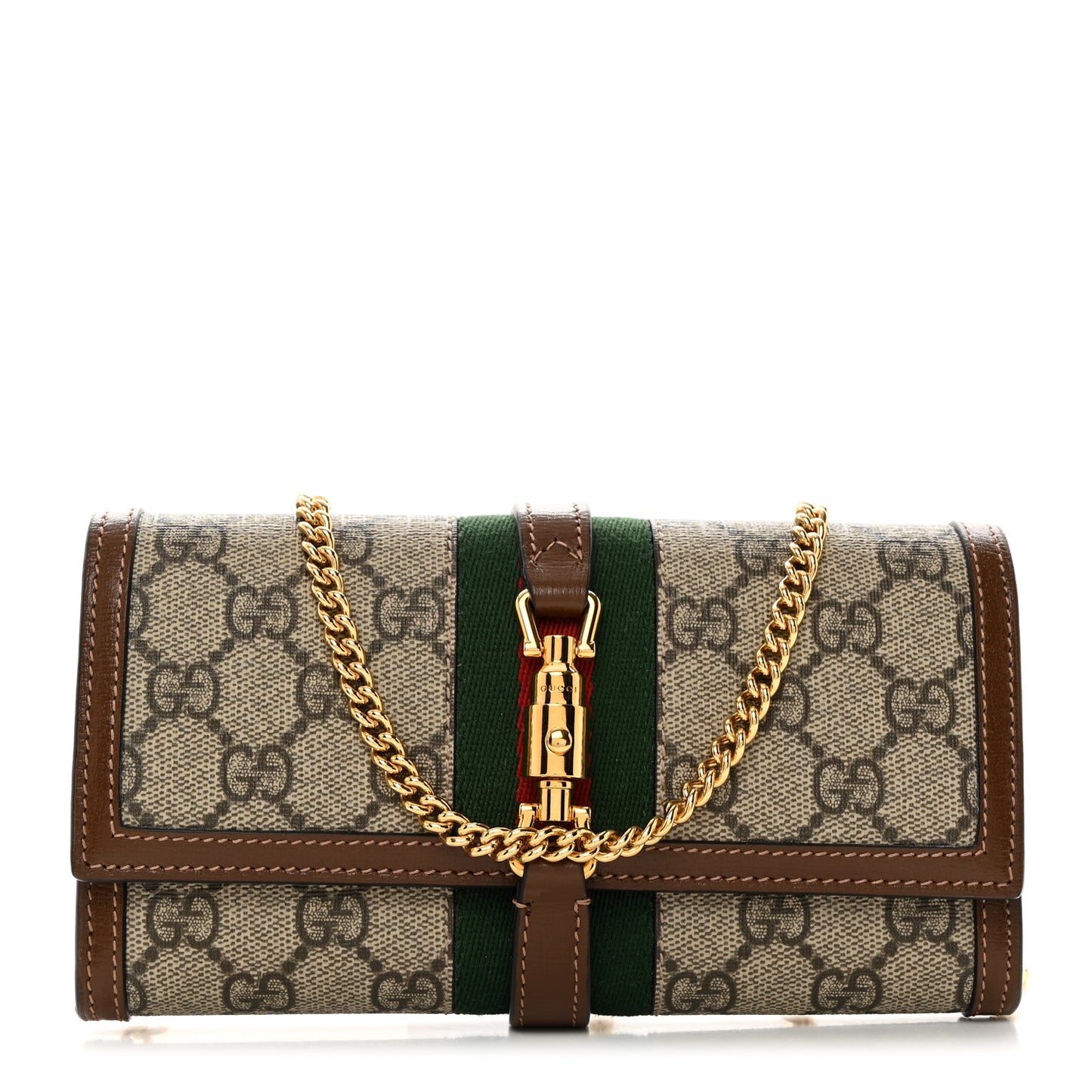 GG Supreme Monogram Azalea Calfskin Web Jackie 1961 Chain Wallet Beige Ebony Brown Sugar
