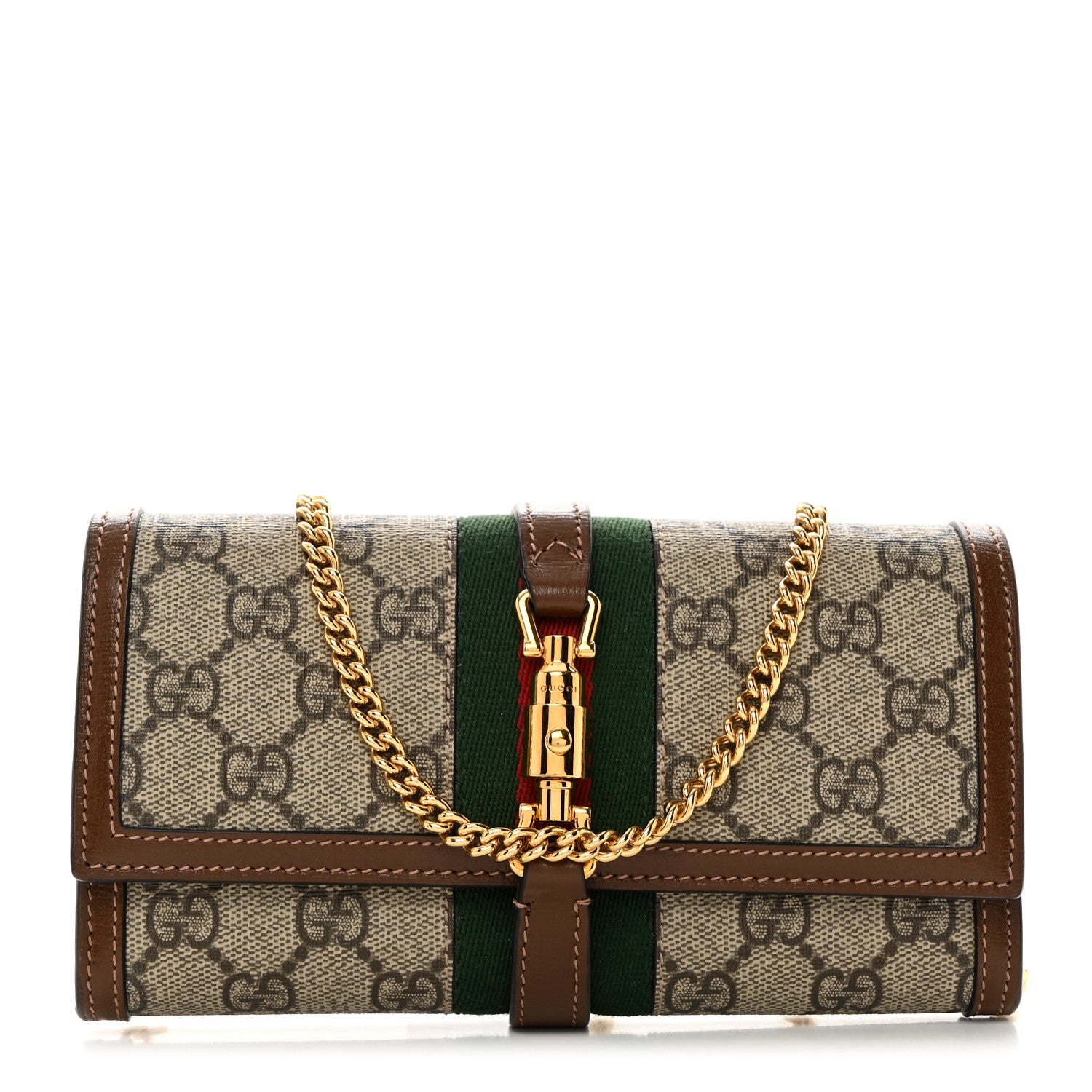 Gucci GG Supreme Monogram Azalea Calfskin Web Jackie 1961 Chain Wallet Beige Ebony Brown Sugar 1 of 10