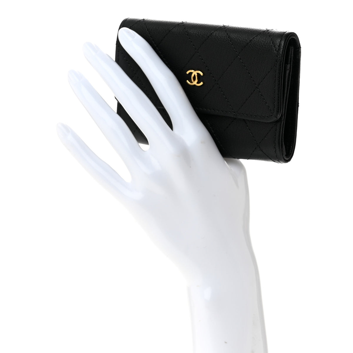 Goatskin Quilted Flap Card Holder Wallet Black