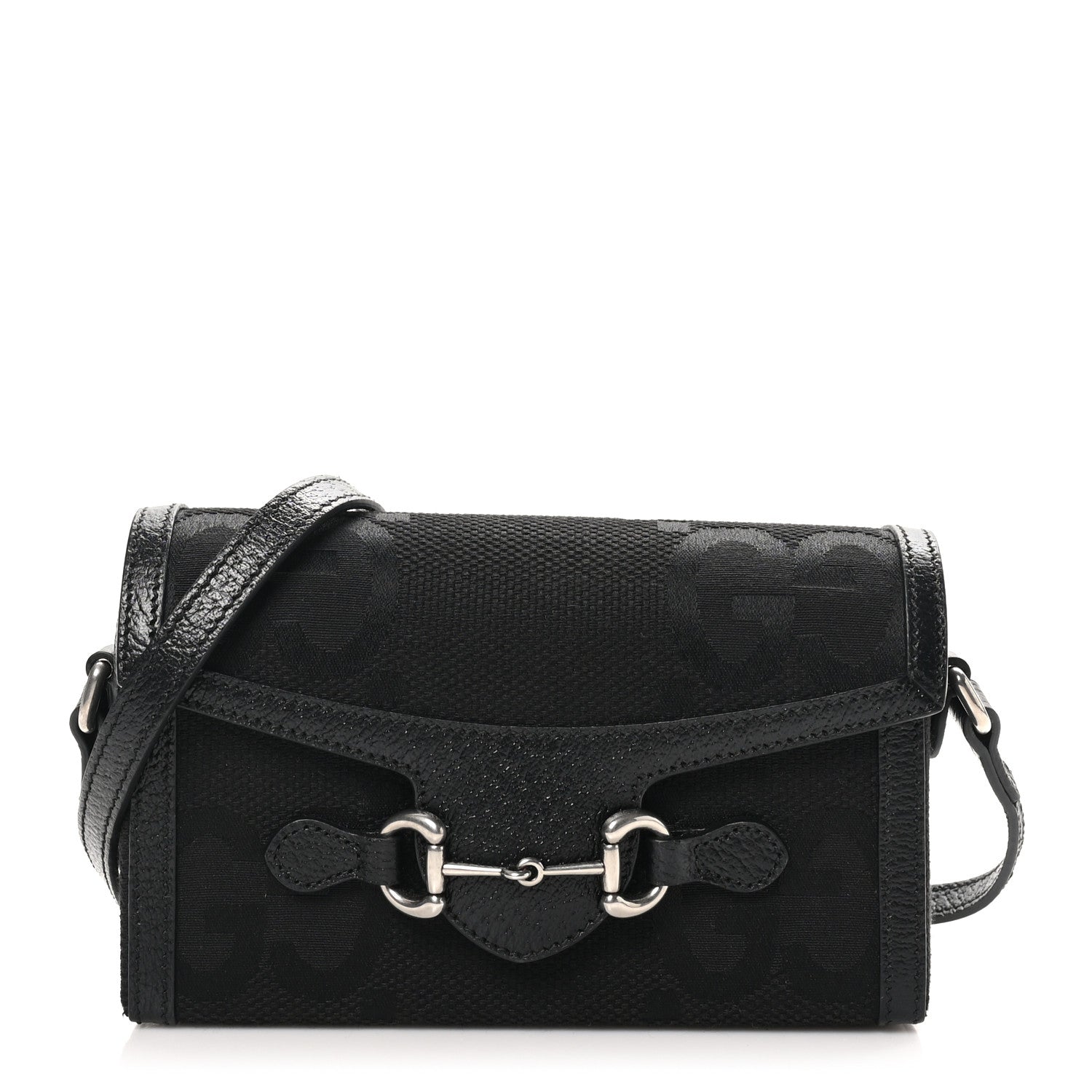 Gucci Monogram Jumbo GG Textured Dollar Calfskin Mini Horsebit 1955 Shoulder Bag Black 1 of 11