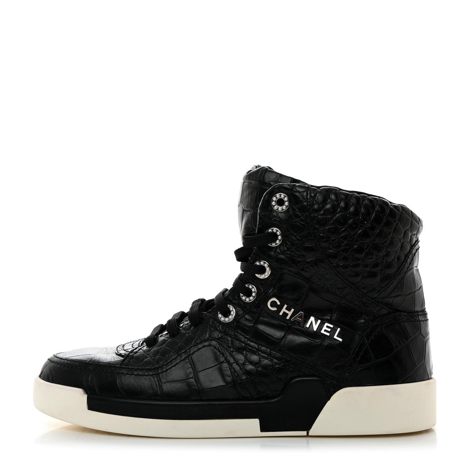 Chanel Calfskin Crocodile Embossed Cocodile High Top Sneakers 39.5 Black 1 of 8