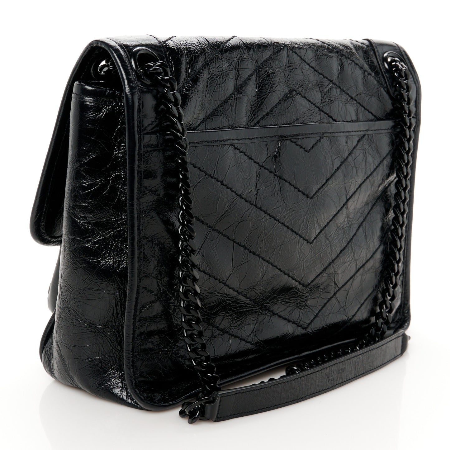 Crinkled Calfskin Matelasse Monogram Medium Niki Chain Satchel Black