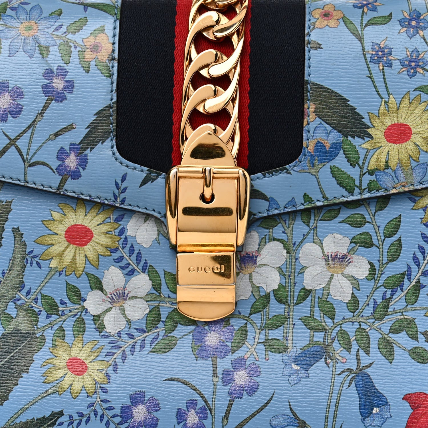 Gucci Calfskin New Flora Medium Sylvie Top Handle Bag Azure 8 of 20