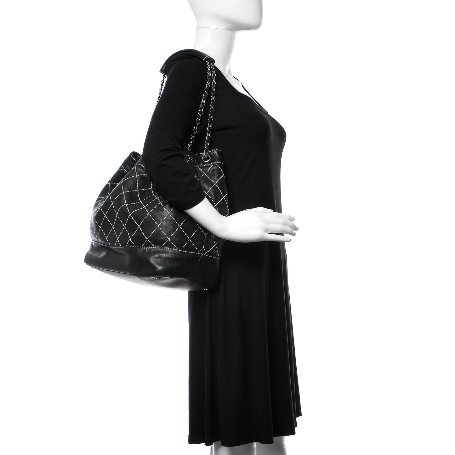 Lambskin Contrast Stitch Shoulder Bag Black