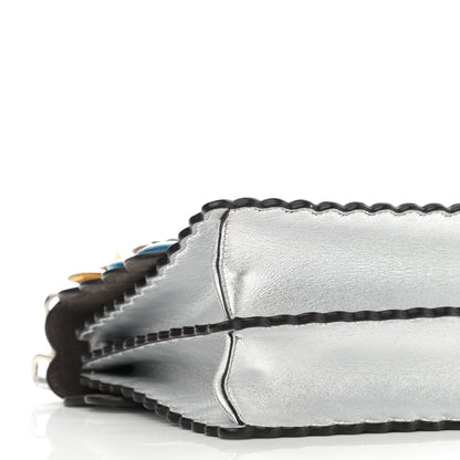 Fendi Metallic Calfskin Flowerland Scalloped Studded Pequin Kan I Shoulder Bag Argento 9 of 12