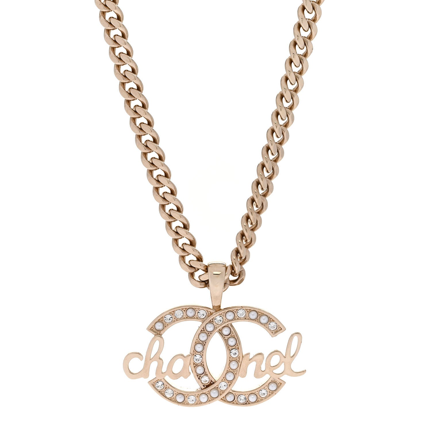 Chanel Metal Crystal Pearl Logo Chain Link CC Necklace Gold 1 of 6