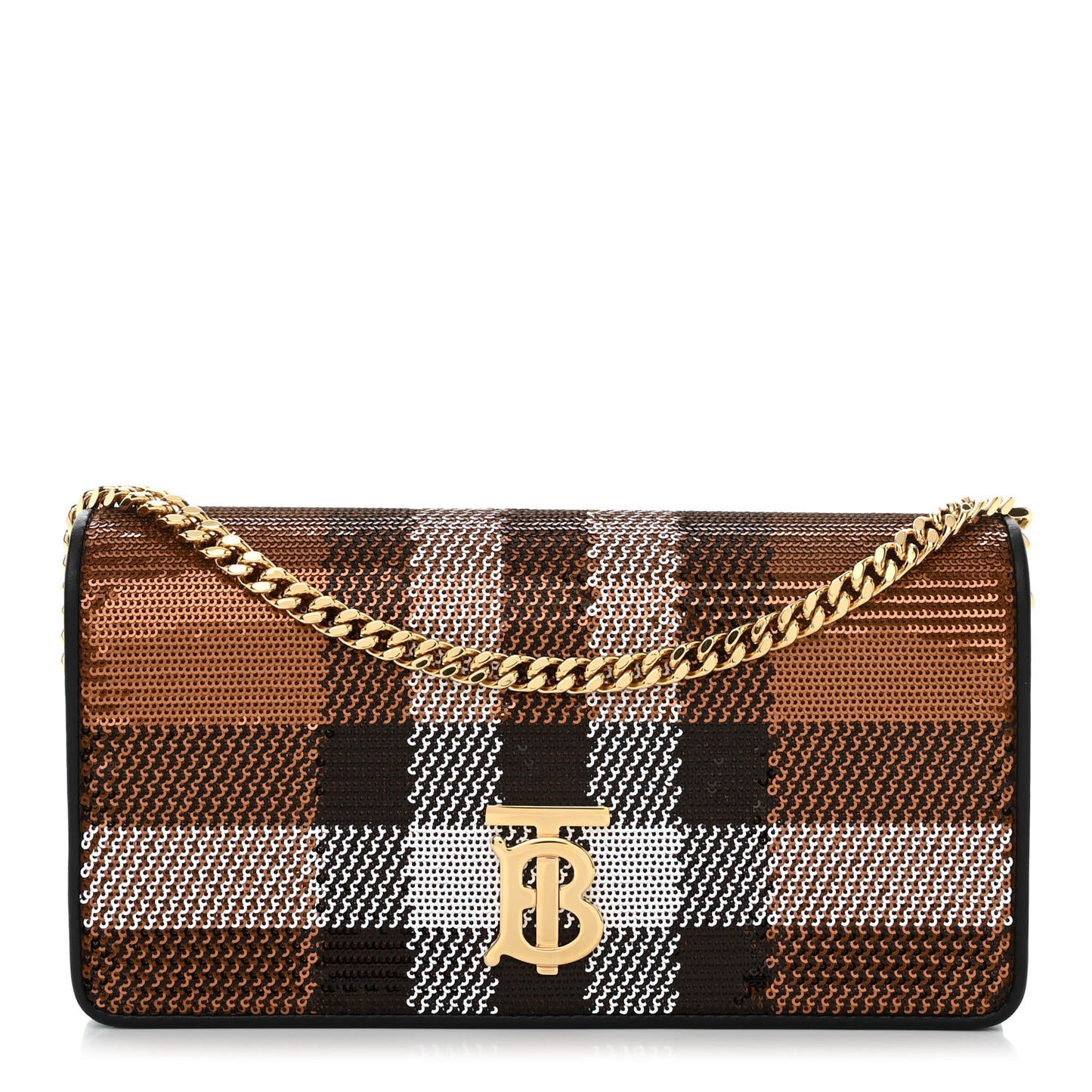Calfskin Sequin Check Embellished TB Lola Chain Wallet Dark Birch