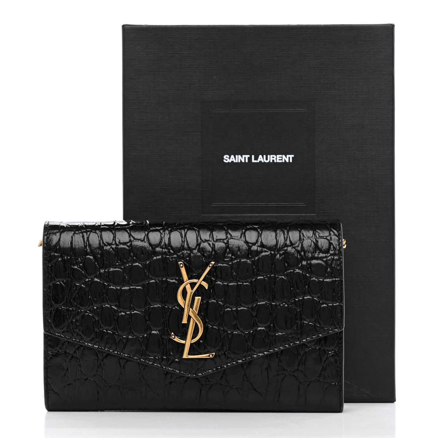 Calfskin Crocodile Embossed Monogram Uptown Chain Wallet Black