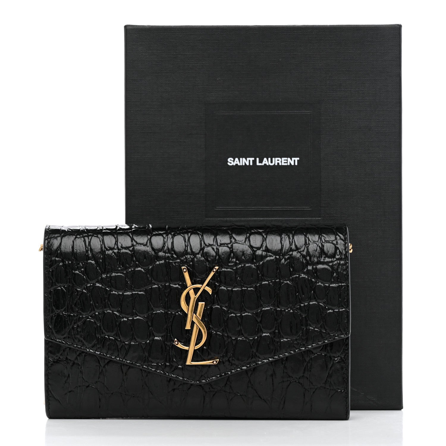 Saint Laurent Calfskin Crocodile Embossed Monogram Uptown Chain Wallet Black 13 of 13