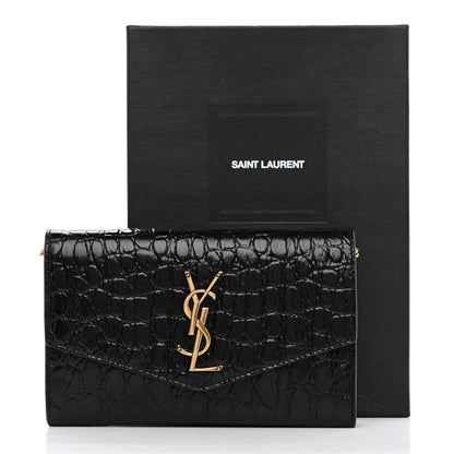 Saint Laurent Calfskin Crocodile Embossed Monogram Uptown Chain Wallet Black 13 of 13