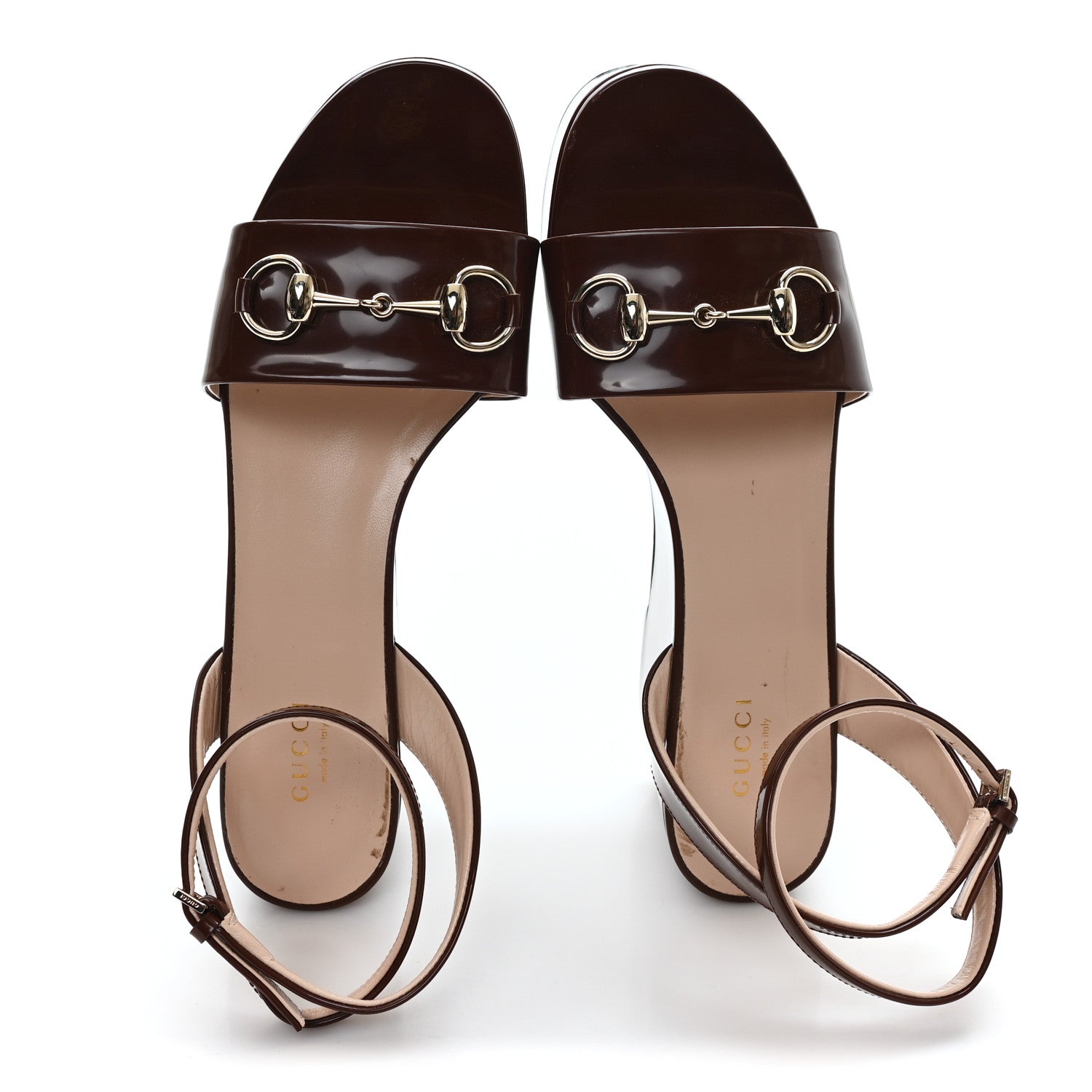 Gucci Patent Horsebit Ankle Strap 75mm Flatform Sandals 38 Burgundy 2 of 8