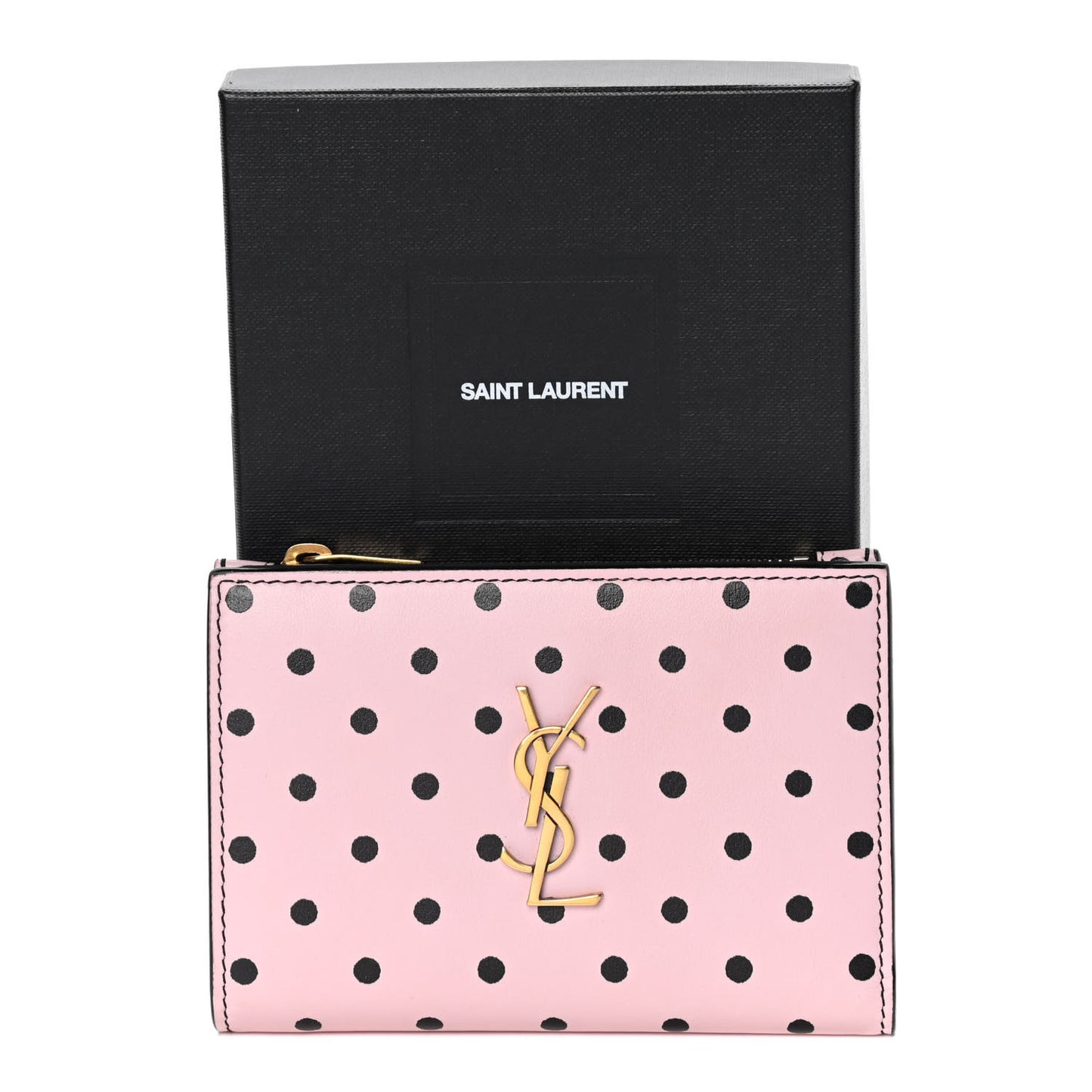 Calfskin Polka Dot Monogram Bi Fold Zipped Wallet Pink Black