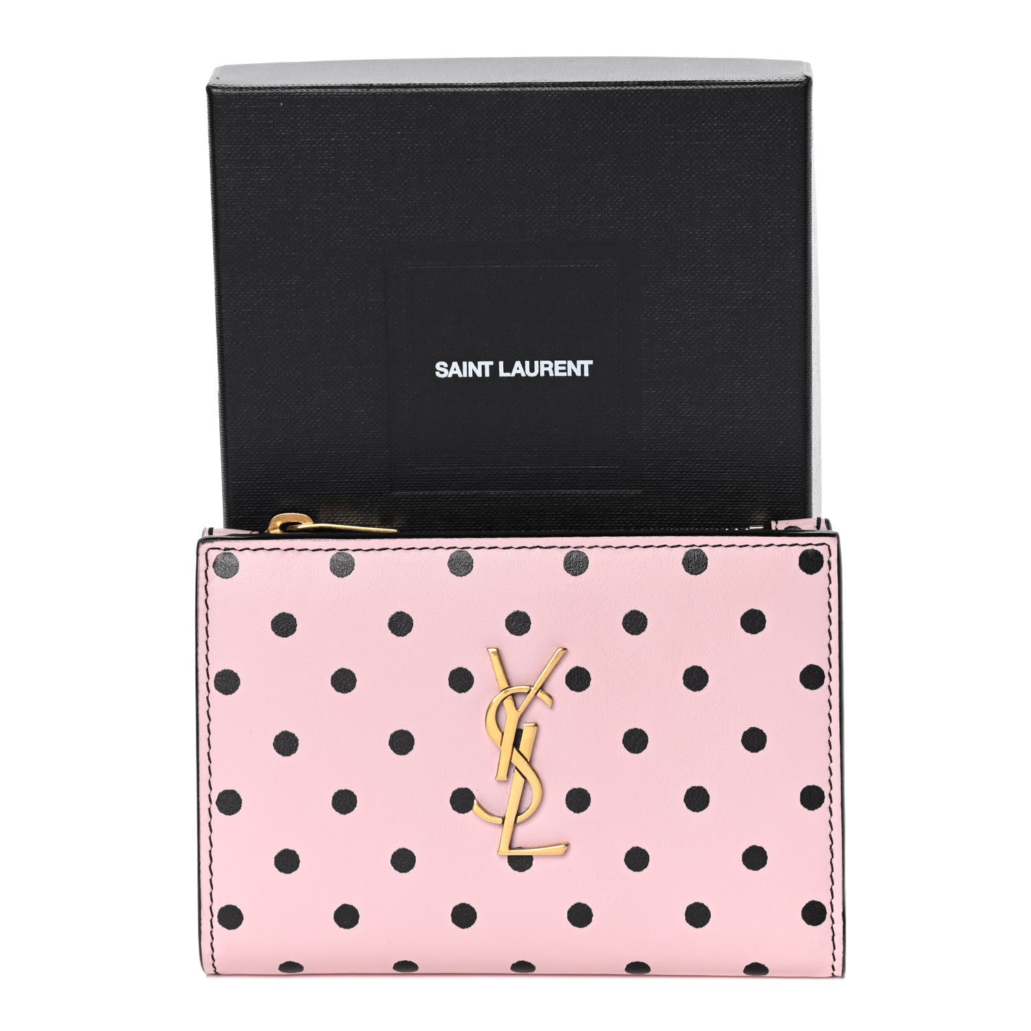 Saint Laurent Calfskin Polka Dot Monogram Bi Fold Zipped Wallet Pink Black 10 of 10