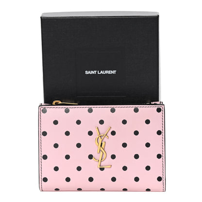 Saint Laurent Calfskin Polka Dot Monogram Bi Fold Zipped Wallet Pink Black 10 of 10
