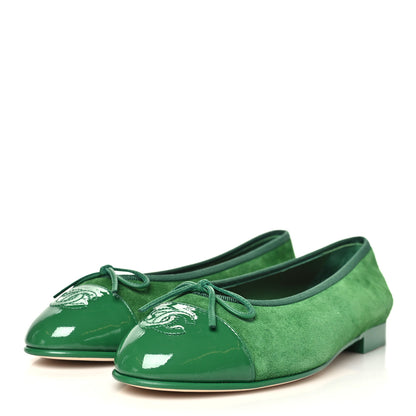 Chanel Suede Patent Cap Toe CC Ballerina Flats 37.5 Green 4 of 10