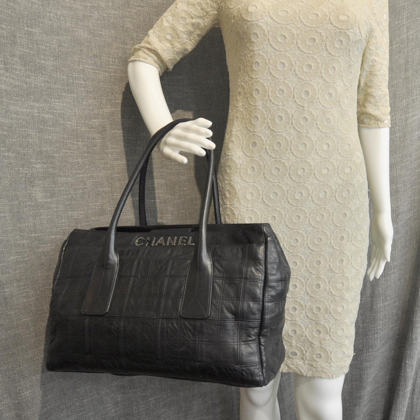 Leather Square Stitched Lax Shopping Tote Black