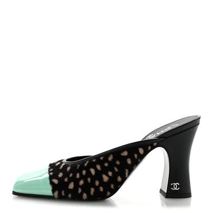 Chanel Pony Hair Lambskin Patent Cap Toe Mules 37 Black White Green 1 of 10