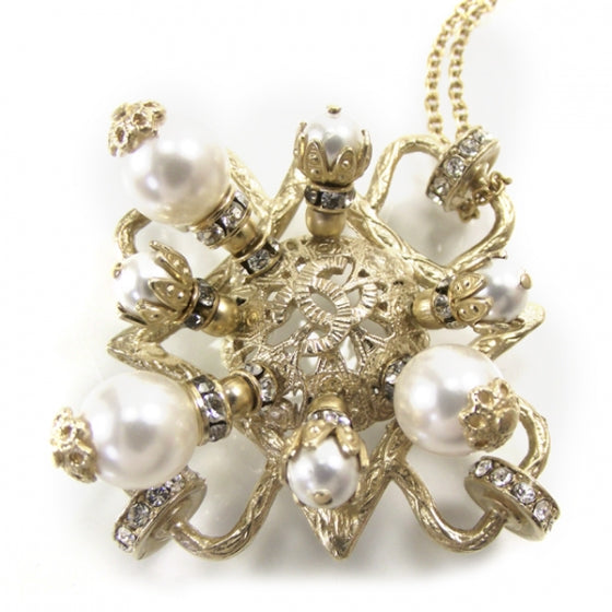 Pearl Crystal CC Pendant Necklace Gold