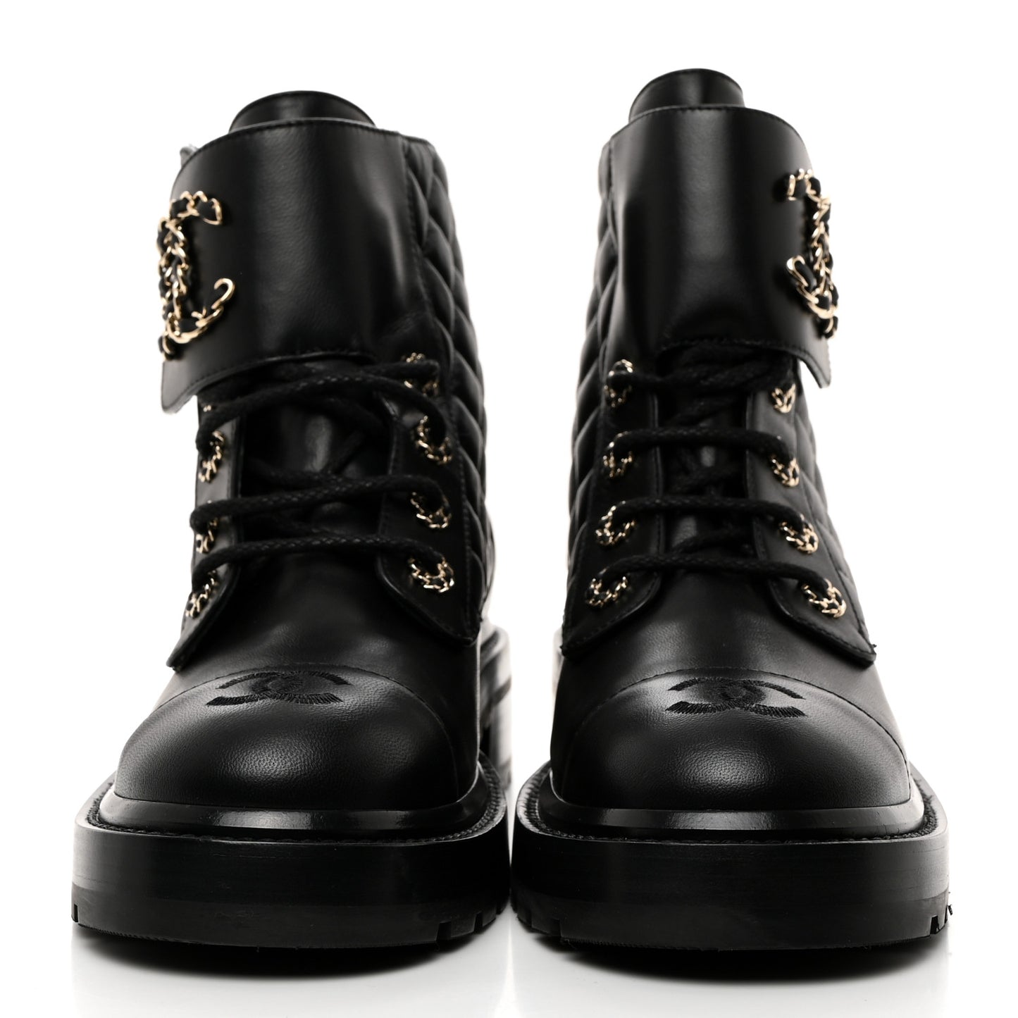Shiny Lambskin Quilted Lace Up Combat Boots 38 Black