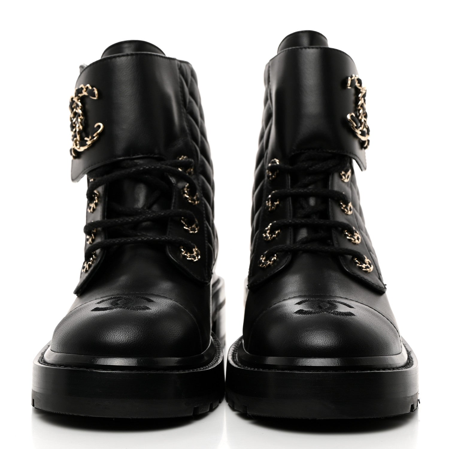 Chanel Shiny Lambskin Quilted Lace Up Combat Boots 38 Black 2 of 9