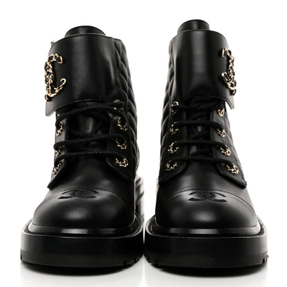 Chanel Shiny Lambskin Quilted Lace Up Combat Boots 38 Black 2 of 9