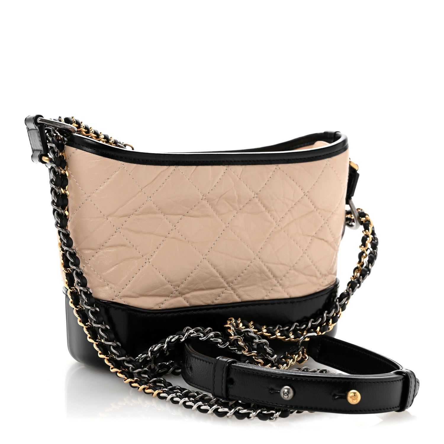 Chanel Aged Calfskin Quilted Small Gabrielle Hobo Beige Black