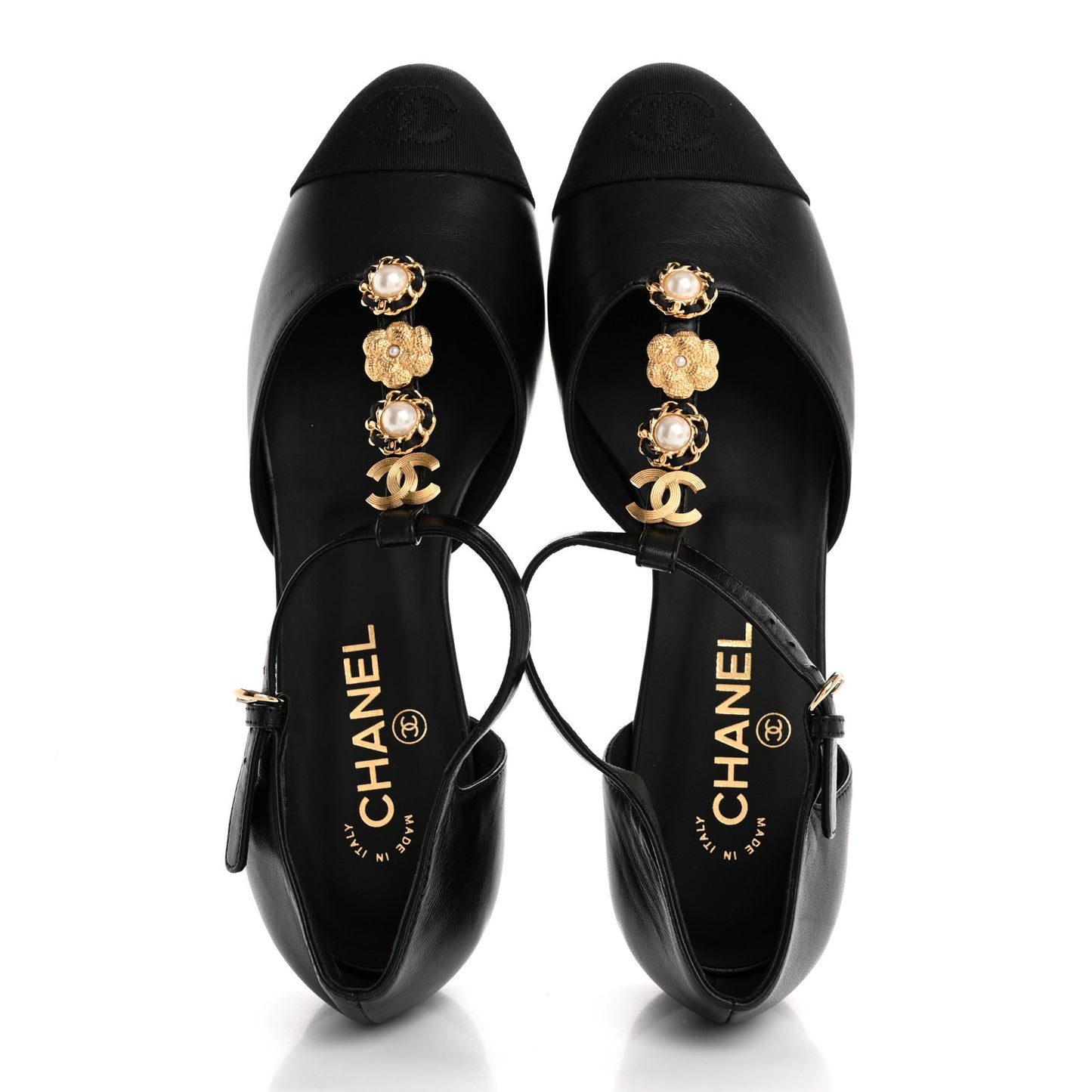 Lambskin Grosgrain Cap Toe Pearl CC Mary Jane Flats 40 Black