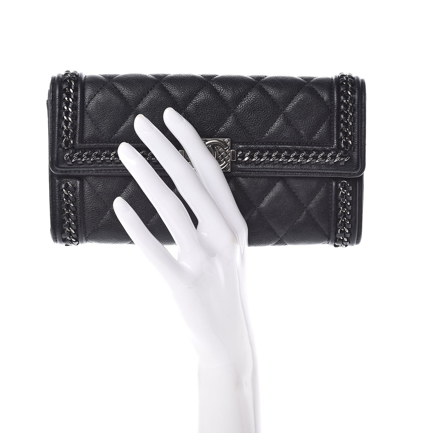 Calfskin Quilted Boy Chain Around Flap Wallet Black