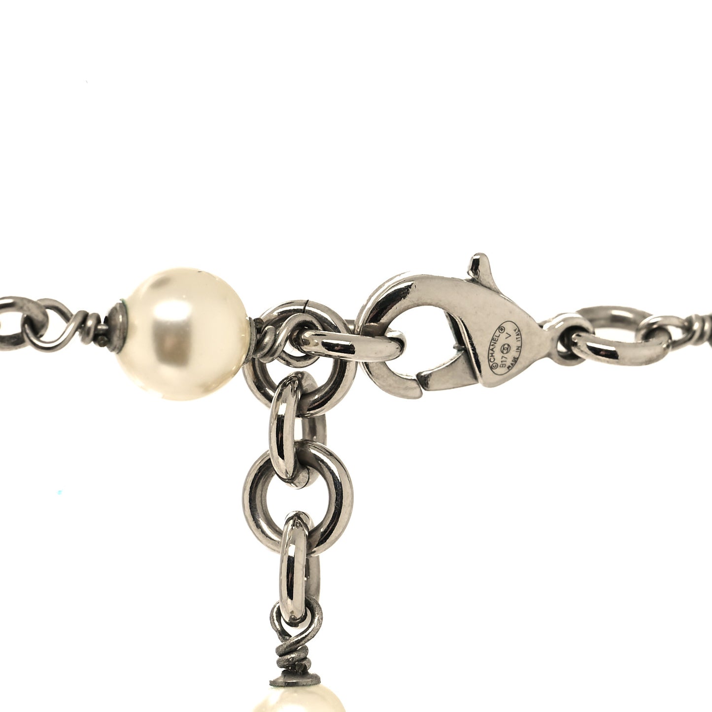 Graduated Pearl Crystal CC Long Necklace Silver