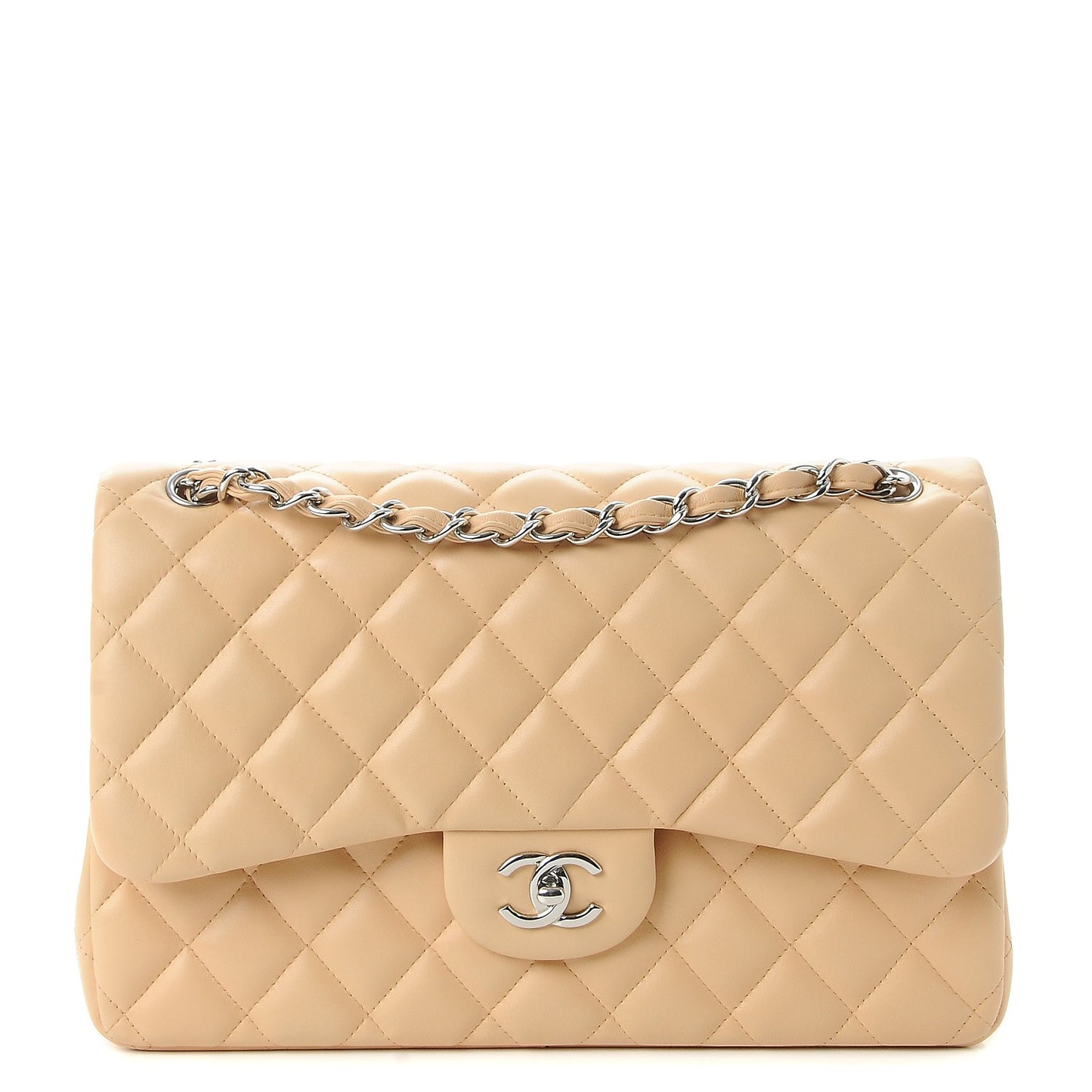 Lambskin Quilted Jumbo Double Flap Beige