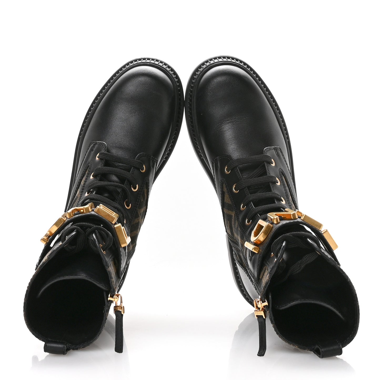 Vitello Fabric Jacquard FF Fendigraphy 50mm Biker Boots 39.5 Black Tobacco