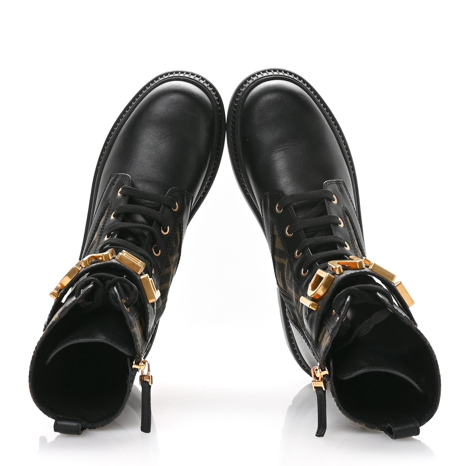 Fendi Vitello Fabric Jacquard FF Fendigraphy 50mm Biker Boots 39.5 Black Tobacco 2 of 9
