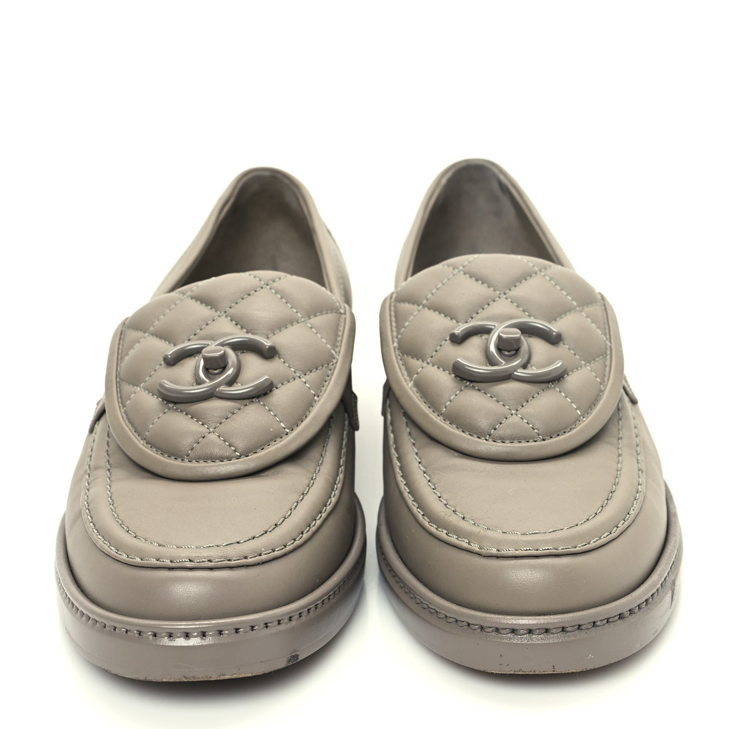 Shiny Lambskin Quilted CC Turnlock Loafers 38.5 Grey