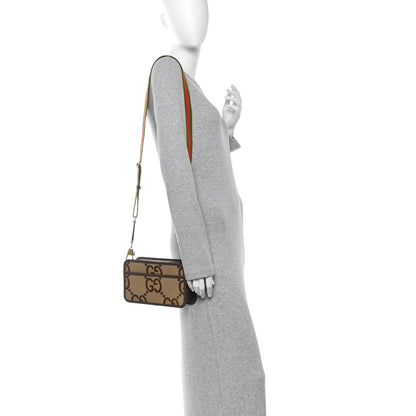 Gucci Monogram Jumbo GG Textured Dollar Calfskin Web Mini Crossbody Bag Camel Ebony New Acero 2 of 10