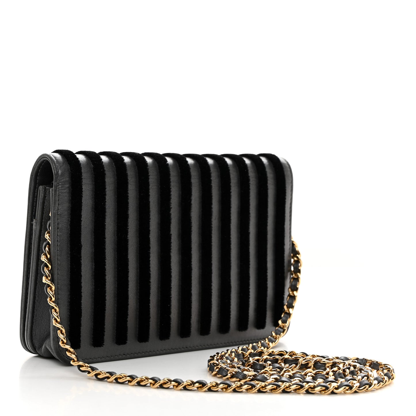 Iridescent Calfskin Velvet Stripe Wallet On Chain WOC Charcoal