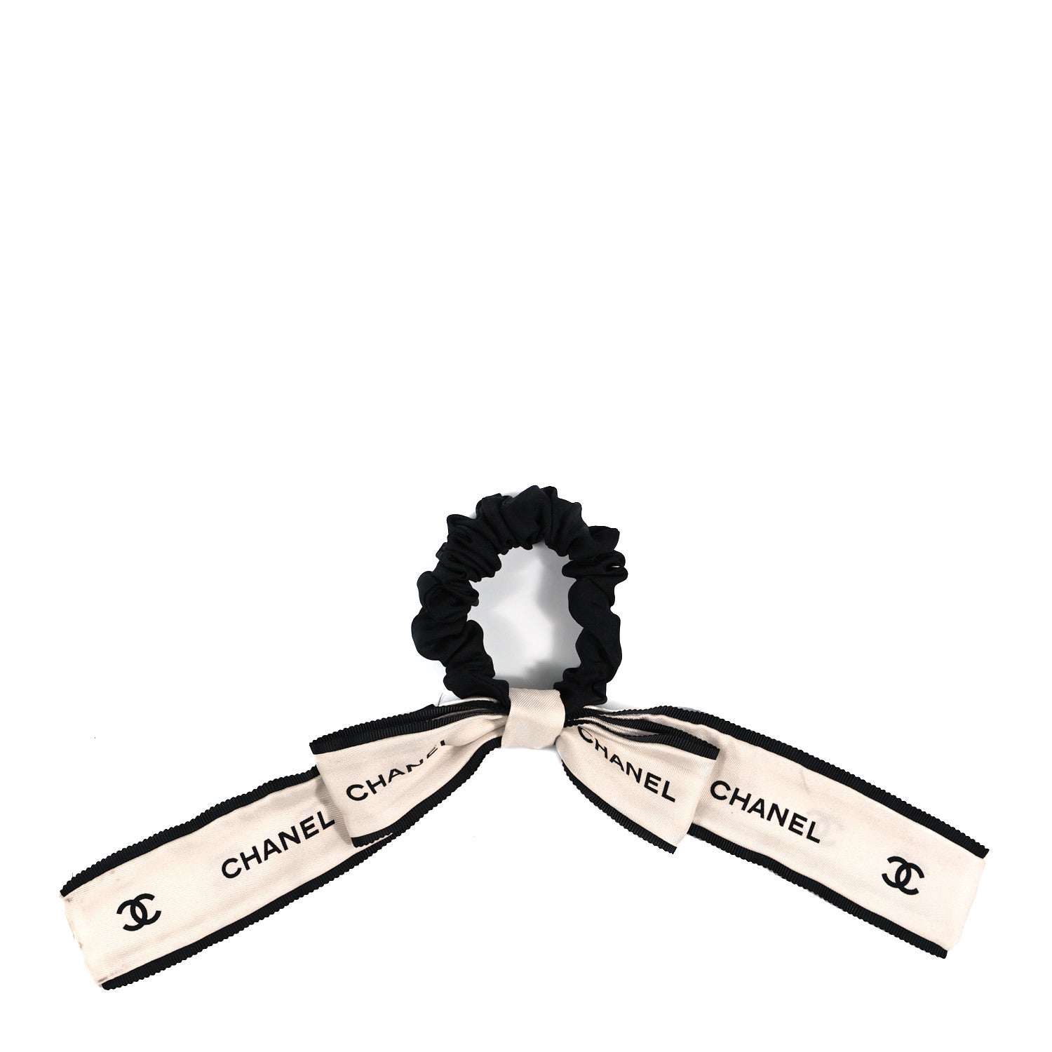 Chanel Silk Logo Hair Tie Ivory Black 1 of 4