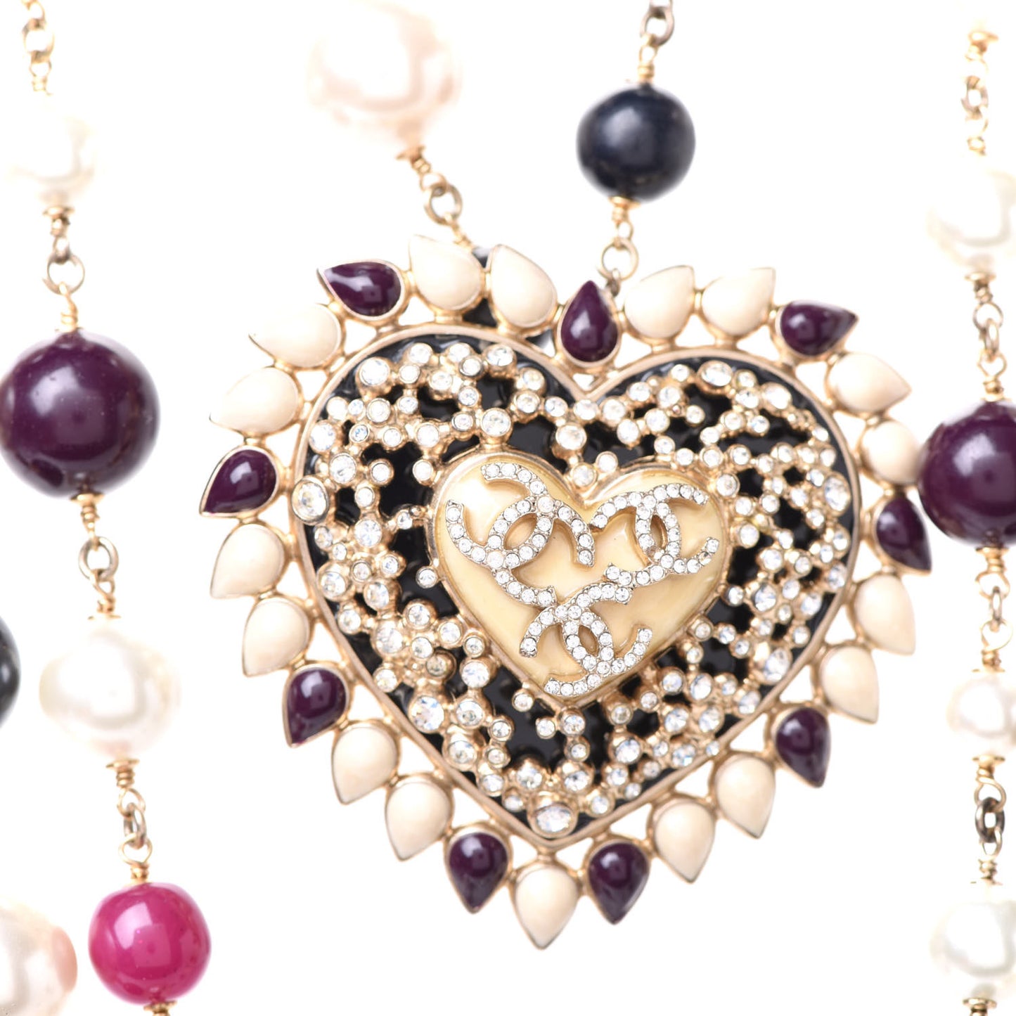 Crystal Pearl Resin Beaded Graduated CC Heart Long Necklace Gold Multicolor