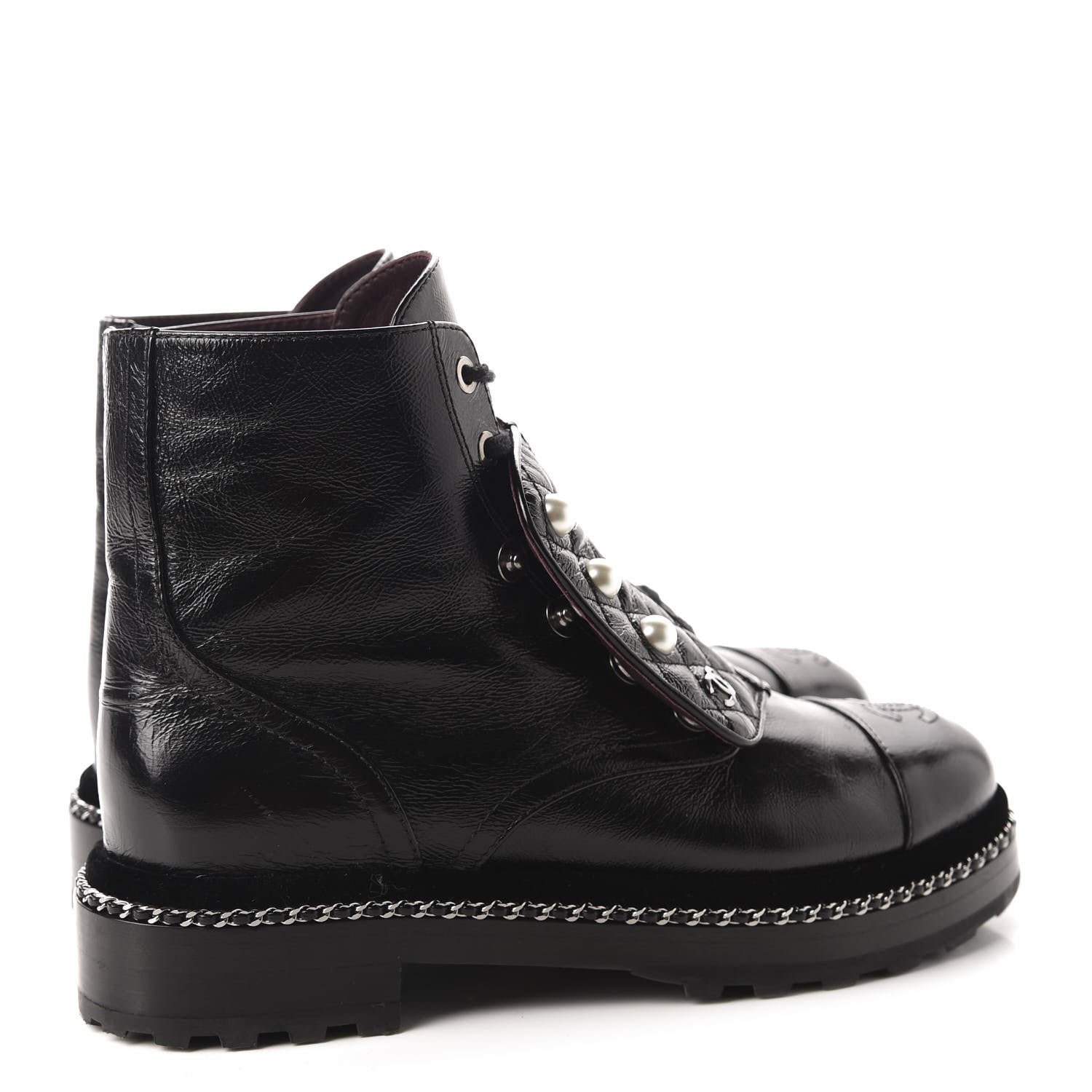Chanel Crackled Calfskin Velvet Pearl Combat Short Boots 38.5 Black 4 of 9