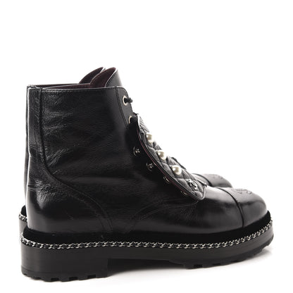 Chanel Crackled Calfskin Velvet Pearl Combat Short Boots 38.5 Black 4 of 9